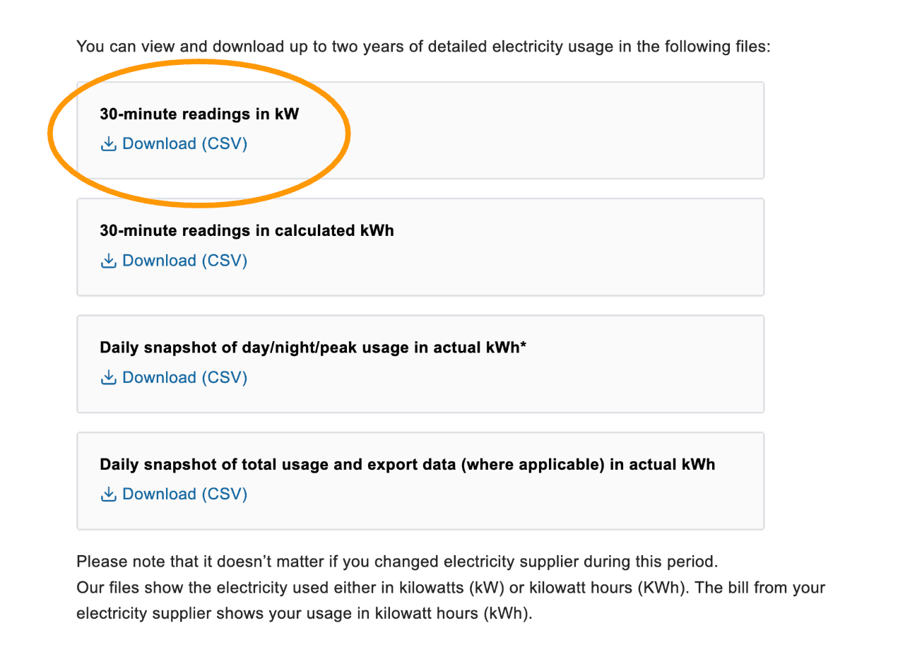 Download Options with 30-minute readings in kW highlighted